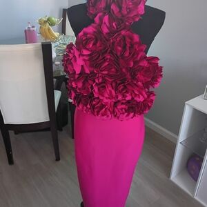 Chic Backless Fuchsia Dress with Floral Accents